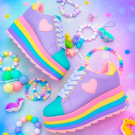 Kawaii Box on Instagram: “🌈 Shoes as colorful as these rainbow platforms can instantly kawaii-fy any outfit! 💖🎄 Show off your Harajuku-inspired style with your…” Emo Sneakers, Toothpaste Kisses, Pastel Clothes, Future Clothing, Pastel Shoes, Ideal Aesthetic, Yru Shoes, Rainbow Shoes, Pastel Goth Fashion