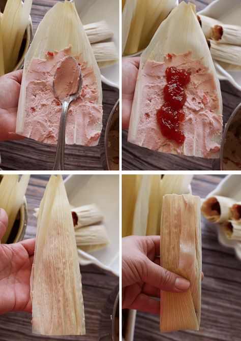 Strawberry Tamales are irresistible sweet treats. These Tamales de Fresa are made up of a combination of fresh ripe fruit and fluffy masa dough. Mexican Sweet Tamales Recipe, Sweet Tamales Mexican, Sweet Tamales Recipe Mexico, Strawberry Cream Cheese Tamales, Fruit Tamales Recipe, Candy Tamales, Unique Tamales, Dessert Tamales Recipe, Sweet Tamales Authentic Mexican