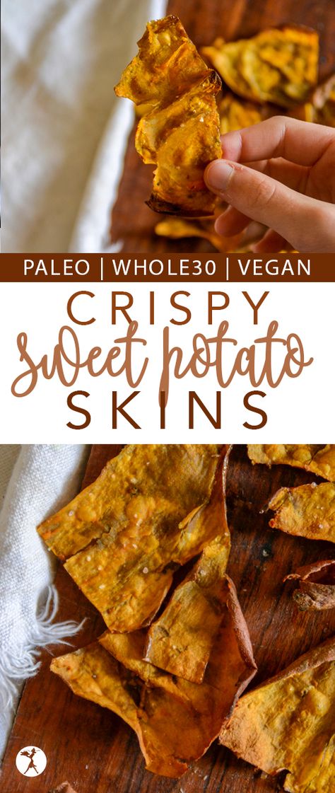 Need a way to use up leftover sweet potato skins? Even if you don't, you'll definitely want to give these crispy sweet potato skins a try! #vegan #paleo #whole30 #dairyfree #glutenfree #sweetpotato #snack Paleo Sweet Potato Recipes, Sweet Potato Skins Recipe, Leftover Sweet Potato, Whole30 Vegan, Whole 30 Snacks, Sweet Potato Skins, Dehydrated Vegetables, Crispy Sweet Potato, Potato Skin