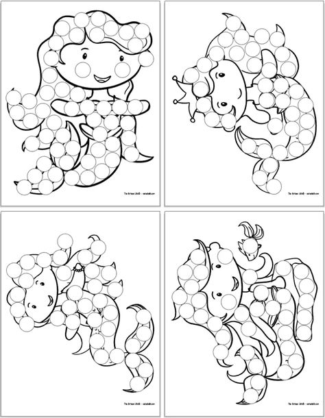 These free printable mermaid dot marker coloring pages are a fun, no-prep activity for toddlers and preschoolers who love mermaids! Click through for 9 free printable mermaid dab it marker pages today! They're great for a quiet time activity, homeschool preschool lesson plan, or even as a no-mess activity for car road trips when you follow a tip in the post. Click through and grab your free printables today! Homeschool preschool | no mess toddler activity | summer activity for preschoolers Mermaid Dot Painting, Mermaid Preschool Craft, Mermaid Activities For Toddlers, Mermaid Crafts For Toddlers, Pirates And Mermaids Activities, Mermaid Theme Preschool, Mermaid Preschool Activities, Mermaid Crafts Preschool, Daycare Inspiration