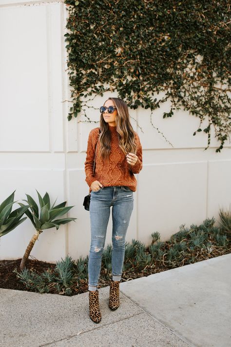 rust sweater with leopard boots  | merricksart.com #Sponsored #trendsend #evereve @trendsendofficial @evereveofficial Print Boots Outfit, Outfit Ideas With Boots, Fall Fashion Coats, Boots Outfit Ankle, Fall Style Guide, Leopard Print Boots, Leopard Print Booties, Print Boots, Booties Outfit