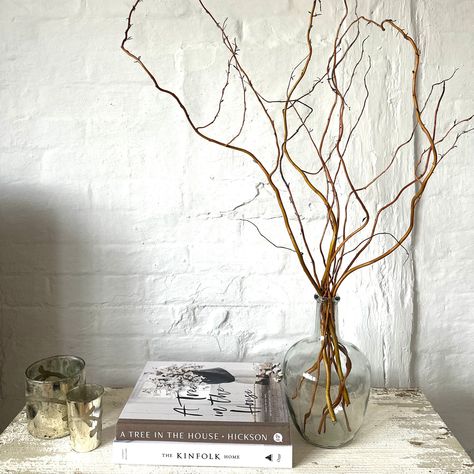 Twisted Willow Branches In Glass Vase With Twigs Dried Flowers Bottle Vase Small Clear Recycled Glass Vase Wedding Centrepiece Table Vase Large Branches In Vase, Vase With Twigs, Tree Branch Vase, Glass Vase Wedding Centerpieces, Vase With Branches, Wedding Centrepiece, Indoor Tree, Event Centerpiece, Willow Branches