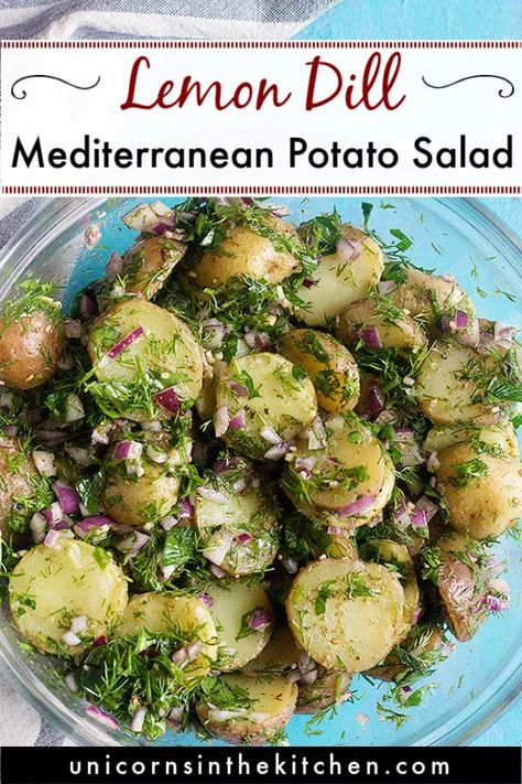 Potato Salad Mediterranean, Salad With Potatoes Healthy, Mediterranean Potato Salad Recipes, Mediterranean Diet Potato Salad, Greek Potatoes Salad, Mediterranean Potato Soup, Greek Potato Salad No Mayo, New Potato Salad Recipe, Olive Side Dishes