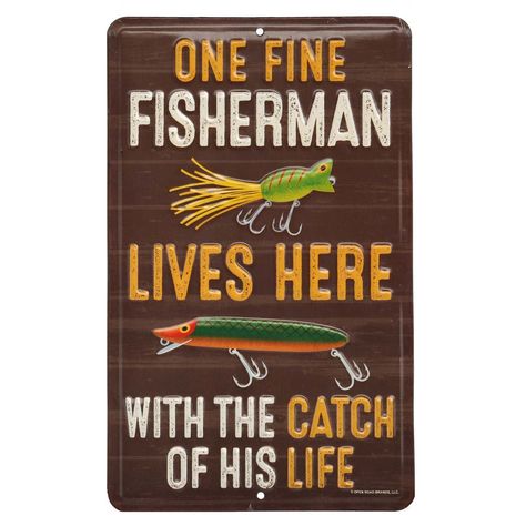 PRICES MAY VARY. Open Road Brands official product: The only thing you adore more than fishing is the love of your life! Use this humorous sign to win brownie points with your significant other. Reading, "One fine fisherman lives here with the catch of his life" with fishing lure illustrations, this sign is full of personality and charm. Fun Vintage Sign: The faux wood plank background and distressed finish of this sign makes a vintage statement in your cabin or home! Material: This sign is made Word Collage, Fishing Signs, Haus Am See, Fisherman Gifts, Embossed Metal, The Catch, Fishing Decor, Metal Wall Sign, Fishing Theme