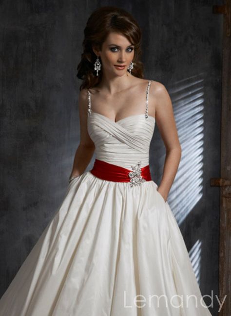 Spaghetti straps princess taffeta wedding dress with long red sash. $285.00, via Etsy. Wedding Dress With Red Accents, Wedding Dress With Red, Silver Wedding Dress, Colored Wedding Gowns, Taffeta Wedding Dress, Wedding Dresses Taffeta, Knee Length Wedding Dress, Court Train Wedding Dress, Bling Wedding Dress