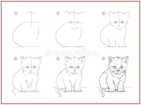 Page shows how to learn to draw sketch of cute little kitten. Creation step by step pencil drawing. Educational page for artists. Textbook for developing royalty free illustration Draw Kitten Step By Step, How To Sketch A Cat Step By Step, Learning To Sketch Step By Step, Kitten Drawing Tutorial, Kitten Sketch Simple, Cute Cat Drawing Step By Step, How Do You Draw A Cat, Animals To Draw Step By Step, Cats How To Draw