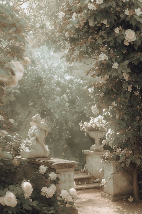 Garden statues and white roses with streaming light White Rose Garden Aesthetic, White Rose Tree, Secret Garden Aesthetic Beautiful, Flowers In Architecture, Ethereal Garden Aesthetic, Victorian Rose Garden, Spring Garden Aesthetic, Soft White Aesthetic Vintage, Rococo Landscape