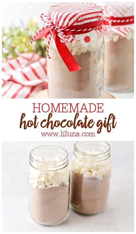 This Hot Chocolate Gift includes a homemade hot cocoa recipe and gift idea with free printable tags - perfect for sharing! #hotcocoa #gift #christmasgift #hotchocolate Homemade Hot Chocolate Gift Ideas, Diy Hot Chocolate Mix Gift, Diy Hot Chocolate Mason Jar Gifts, Hot Cocoa Mix Gift Ideas In A Jar, Hot Chocolate Gift Jar, Cocoa In A Jar Gift, Gifting Hot Chocolate, Homemade Cocoa Mix Recipe Jar Gifts, Mason Jar Recipes Gifts Dry Mixes Hot Chocolate