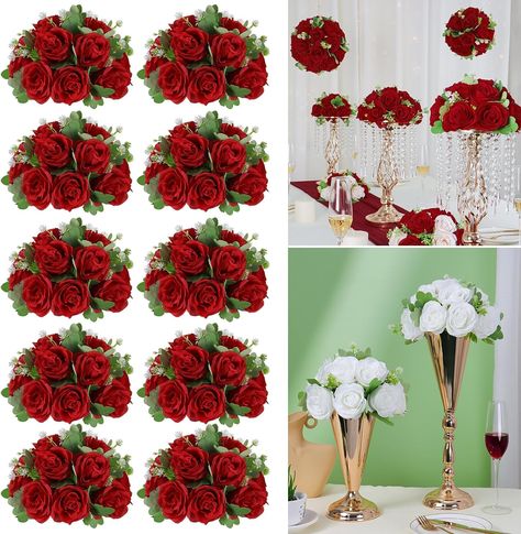 PRICES MAY VARY. Package and size: 10 pcs artificial wedding ball flowers, the diameter of the artificial rose half ball is 9.5 inch/27cm, high 4.75inch, the flower heads are fixed with flower pins, not easy to fall off, silk flowers UV sun protection, longer life. Each one is handcrafted from approximately 15 red roses and green leaves. Realistic-looking Flower Ball Arrangement-Ideal for interior decoration, office decoration, or Valentine's Day display. Suitable for road lead flower rack, eleg Red Black And Gold Centerpieces Diy, Red Flower Table Decorations, Red White And Gold Wedding Decorations, Red And White Decorations Party, Red Centerpieces For Quinceanera, Red And Gold Centerpieces, Red Wedding Decorations Elegant, Red And Gold Quinceanera Decorations, Quince Decorations Red