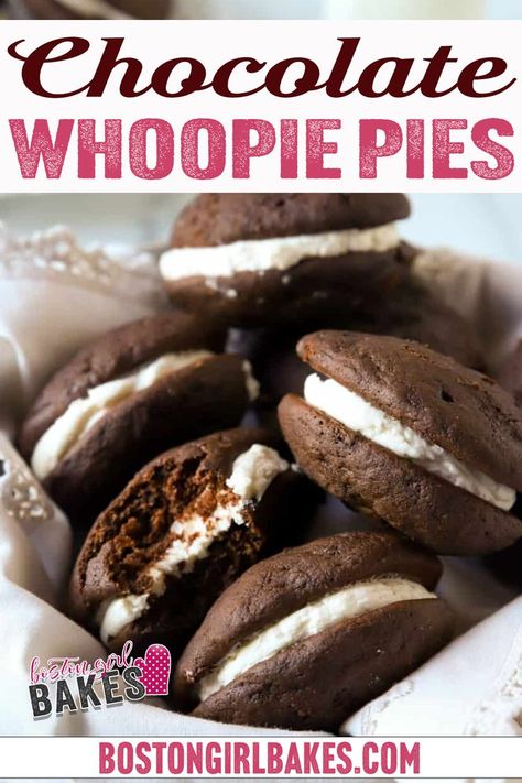 These chocolate whoopie pies are the perfect dessert sandwich with two fluffy chocolate cake rounds, with a creamy vanilla buttercream frosting in the middle. Made with buttermilk to keep them moist, and a hint of espresso powder to bring out the chocolate flavor, you won’t be able to resist these whoopie pies! | @bostongirlbakes #chocolatewhoopiepierecipe #howtomakewhoopiepies #christmasdesserts #bestwhoopiepierecipe Fall Desserts Thanksgiving, Whoopie Pies Recipe, Marshmallow Filling, Mini Chocolate Cake, Dessert Sandwich, Whoopie Pie Recipe, Chocolate Whoopie Pies, Cocoa Cake, Funnel Cakes