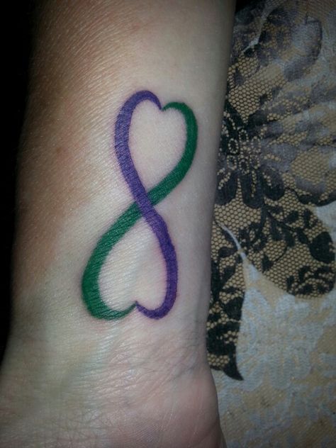 Green & purple infinity hearts. Purple And Green Tattoo, Purple Heart Movie Tattoo, Purple Shamrock Tattoo, Purple Heart Tattoo For Women, Purple And Green Butterfly Tattoo, Purple Heart Tattoos, Purple Infinity, Infinity Hearts, Green Tattoos