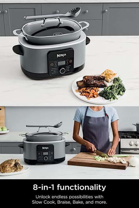 Ninja MC1001 Foodi PossibleCooker PRO 8.5 Quart Multi-Cooker, with 8-in-1 Slow Cooker, Dutch Oven, Steamer & More, Glass Lid & Integrated Spoon, Nonstick, Oven Safe Pot to 500°F, Sea Salt Gray Possible Cooker Pro Recipes, Conventional Oven, Food Warmer, Bread Maker, Ninja Foodi, Slow Cookers, Sauteed Vegetables, Spaghetti And Meatballs, Feeding A Crowd