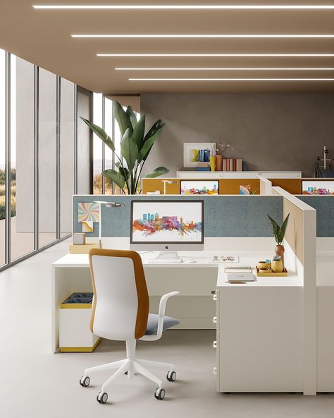 Contemporary Office Design Workspaces, Modern Traditional Office Design, Workstation Area Design Office, Small Open Office Design, Workstation Office Workspace, Workstations Office Design, Office Working Area, Contemporary Workspace, Office Work Station