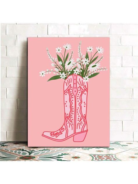 1pc Cowboy Boot Flower Vase Canvas Wall Art - 12x16in - Perfect for Home Decor and Living Room Bedroom - No Frame Needed | SHEIN USA Boot Flower Vase, Mini Toile, Pink Canvas Art, Simple Canvas Paintings, Cute Canvas Paintings, Pink Painting, Easy Canvas Art, Canvas Painting Designs, Cute Paintings