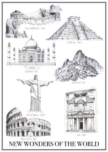 7 Wonders Of The World Tattoo, 7 Wonders Of The World Drawing, Wonders Of The World Drawing, 7 World Wonders, Alex Tattoo, Mehendi Decor Ideas, World Sticker, Seven Wonders Of The World, Mehendi Decor