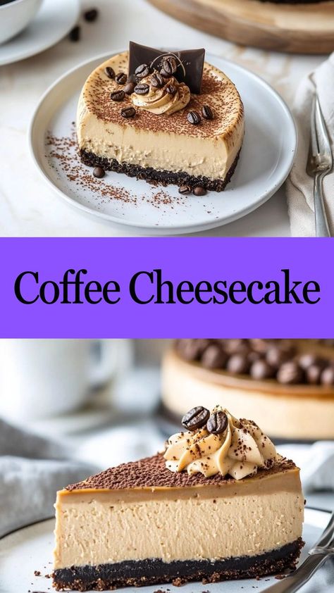 If you love coffee, this cheesecake is a must-try! It's the perfect combination of creamy, dreamy, and caffeinated. 🍰☕ #CoffeeLoversDream #RichAndCreamy #CheesecakeDelight #BakingGoals #UltimateDessert #CoffeeCravings #SweetPerfection #CaffeineFix #DessertInspo #DecadentBites 🍰☕ Coffee Based Desserts, Coffee Cheesecake Recipes, Coffee Desserts Easy, Espresso Cheesecake, Toffee Cheesecake, Mocha Cheesecake, Coffee And Dessert, Coffee Desserts, Coffee Cheesecake