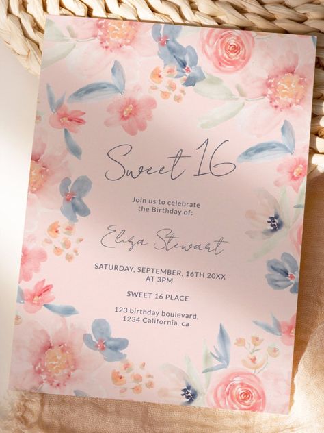 Fall floral boho pink blue watercolor Sweet 16 Invitation
A pretty fall, modern, chic and elegant Sweet 16 birthday invitation with a pretty dusty blue, light peach, pink and orange floral touch . A simple and minimalist invitation featuring pretty garden autumn flowers on light blush pastel pink! #birthday #happybirthday #birthdaycards #birthdayparty #turningsixteen #16thbirthday #sweetsixteen #boho #floral Blue And Pink Sweet 16, Flower Sweet 16, Elegant Sweet 16, Pink Tip Nails, Pink Sweet 16, Sweet Sixteen Birthday Party Ideas, Sweet 16 Themes, Minimalist Invitation, 16th Birthday Invitations