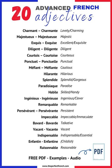 20 Advanced French Adjectives to improve your French vocabulary and reach the level of French you have been dreaming of! Adjectives are words that describe or modify nouns or pronouns in a sentence. They provide detailed information about a noun and help to create a vivid picture in the reader’s mind. These words add depth and dimension to any language. Let’s see 20 advanced French adjectives with examples, audio, and a free PDF to download. Adjectives In French, Advanced French Vocabulary, French Vocabulary Words, English French Vocabulary, French Vocabulary Flashcards, Advanced Adjectives, Pronouns In French, French Nouns, French Words With Meaning