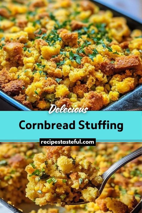 Cornbread Stuffing is a flavorful and comforting side dish perfect for holiday meals or any special dinner. Made with toasted cornbread cubes, sautéed vegetables, and aromatic herbs, it features a crispy topping and a soft, savory interior. Stuffing Recipes With Cornbread, Carmelized Onion Cornbread Stuffing, Stuffing With Cornbread And White Bread, Corn Bread Stuffing Recipes, Homemade Cornbread Stuffing Recipe Thanksgiving, Stovetop Cornbread Stuffing Recipes, Stove Top Cornbread Stuffing Recipes, Cornbread Recipe For Dressing, Stuffing Recipes Cornbread