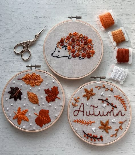 Embroidery Fall Designs, Simple Fall Embroidery Designs, Autumn Embroidery Ideas, Autumn Embroidery Designs, Autumnal Embroidery, Autumn Embroidery Patterns, Fall Embroidery Patterns, Fall Hand Embroidery, Autumn Leaves Embroidery