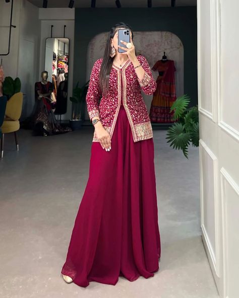 Price 2995 /-❣️ whatsapp us on +919023153462✔️ Pink wedding wear designer indo western outfit #PinkWeddingWear #IndoWesternBridal #DesignerWeddingOutfit #FusionBridalWear #PinkBridalDress #IndoWesternFashion #WeddingOutfitInspo #BridalWear2024 #PinkBridalGown #DesiBride #WeddingFashion #ModernBride #DesignerLehenga #WeddingAttire #BridalFashion #PinkLehenga Top Plazo Dress, Sequined Lehenga, Plazo Outfits, Plazo Dress, Indo Western Outfit, Top And Plazo, Plazo Set, Trendy Kurti, Indian Women Fashion