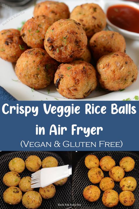 Crispy Vegetable Rice Balls in air fryer Gluten Free Rice Balls Recipe, Air Fried Rice Balls, Vegan Rice Balls Recipe, Airfryer Rice Balls, Veggie Rice Balls, Fried Rice Balls Asian, Healthy Rice Balls, Air Fryer Arancini Balls, Crispy Rice Balls