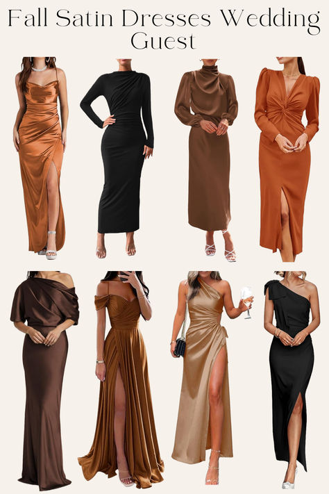 Fall Satin Dresses Wedding Guest Formal Wedding Guest Attire Winter, Aspen Wedding Guest Outfit, Mens Formal Wedding Attire Guest, Satin Dresses Wedding, Formal Fall Wedding Guest Dress, Fall Wedding Guest Dress November, Fall Wedding Guest Dress October, October Wedding Guest Outfits, October Wedding Guest Dress