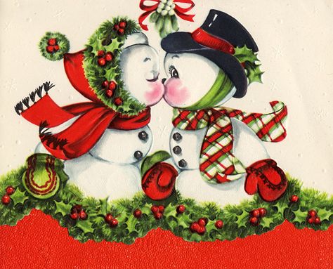 A fabulously adorable pair of kissing vintage snowpeople to wish you merry Christmas. Images Noêl Vintages, Snowman Couple, Christmas Kiss, Vintage Snowman, Vintage Christmas Images, Holiday Images, Christmas Graphics, 12 December, Old Christmas