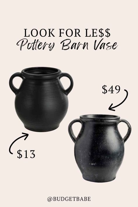 Black Jars Decor, Large Black Vases Decor Ideas, Black Pottery Vase, Black Accents In Home, Black Vase Decorating Ideas, Black Vases, Black Vase Decor, Pottery Barn Black, Pottery Pot