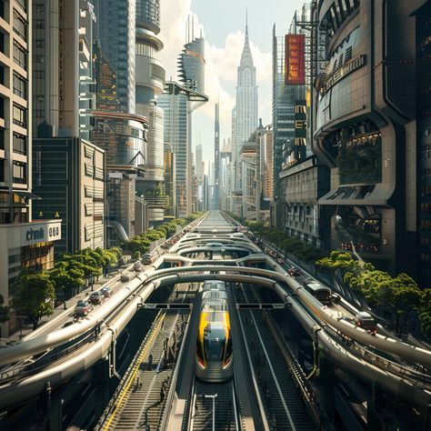 A city where historic buildings merge with modern skyscrapers and futuristic means of transport. Neocosmic Architecture, Marble City, Means Of Transport, Modern Skyscrapers, Queens Nyc, Building Concept, Mission Impossible, Gcse Art, Futuristic City