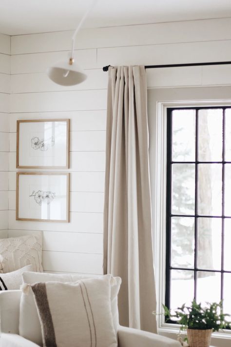 Curtains With Shutters Living Room, Curtains With White Bedding, Neutral Linen Curtains, White Walls And Curtains Living Room, Cream Living Room Curtains, Beige Window Curtains, Curtains Against White Walls, Cream Curtains White Walls, Curtains Living Room White Walls