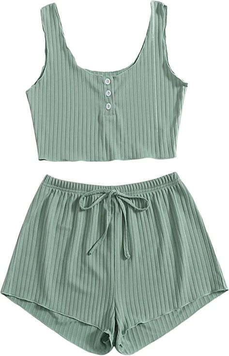 Milumia Women's Pajama Set Notched Neck Half Button Crop Tank Top and Shorts Sleepwear at Amazon Women’s Clothing store Two Piece Pajama Set, Shorts Sleepwear, Home Wear Women Pajamas, Pajama Fashion, Womens Pajama Shorts, Cute Pajama Sets, Short Loungewear, Cami Set, Ribbed Tank Top