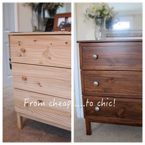 Ikea Tarva doesn't have to look cheap! Use gel stain for a richer look. Mercury glass knobs don't hurt either... Tarva Makeover, Ikea Tarva, Ikea Tarva Dresser, Staining Furniture, Ikea Dresser, Pine Furniture, Gel Stain, Furniture Hacks, Bedroom Dressers