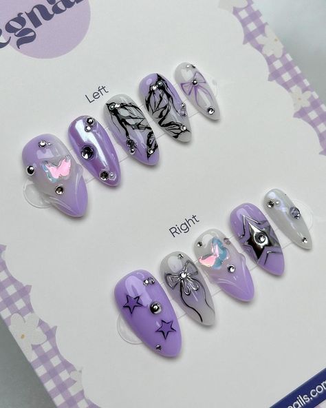 Legnails ✨Dreamy Press-On Nails | ⋆ ˚｡⋆୨ ʚɞ ୧⋆ ˚｡⋆ Purple Butterfly #pressonsnails #chromenails #butterflynails #bownails | Instagram Kuromi Nails, Kuromi Room, Grad Nails, Uñas Aesthetic, Concert Nails, Butterfly Nail Designs, Purple Nail Art, Punk Nails, Purple Nail Designs