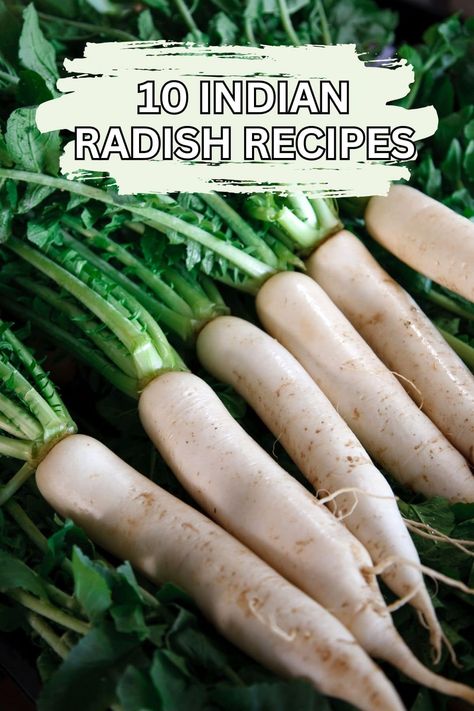 Check out how versatile radishes are with these 10 Indian radish recipes for pickles, salads, and stews that show how they can be used in many different ways | pipingpotcurry.com Radish Dinner Recipes, Radish Recipes Indian, White Radish Recipes, Indian Okra Recipes, Indian Eggplant Recipes, Indian Okra, Crunchy Salads, Indian Eggplant, Crispy Okra