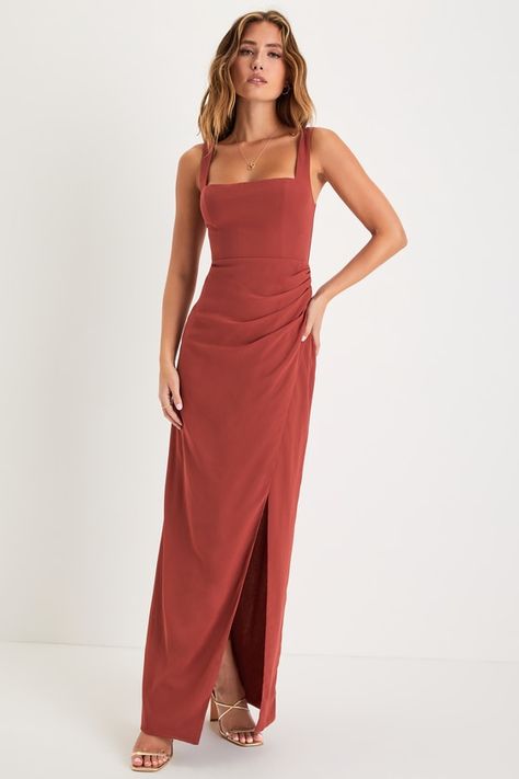 Overlapping Design, Chic Skirt, Ruched Maxi Dress, Fall Wedding Guest Dress, Chic Skirts, Evening Dresses Cocktail, Sophisticated Dress, Rust Dress, Chiffon Maxi Dress