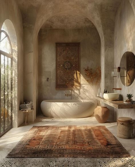 Earthy Bathroom Aesthetic, Wabi Sabi Bathroom Inspiration, Wabi Sabi Bathroom, Mediterranean Villas, Mediterranean Revival Style, Wabi Sabi Aesthetic, Mediterranean Revival, Bathroom Inspiration Decor, Bath Room