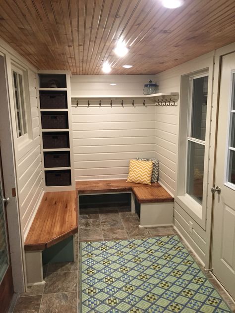 Car siding, bead board ceiling, bowling alley bench top, mud room. Porch Mud Room Ideas, Front Porch Mud Room Ideas, Side Door Entrance Ideas Mud Rooms, Mud Room Ceiling Ideas, B Board Ceiling, Back Porch Laundry Room Ideas, Mud Porch Ideas, Breeze Way Mudroom, Mud Room From Garage