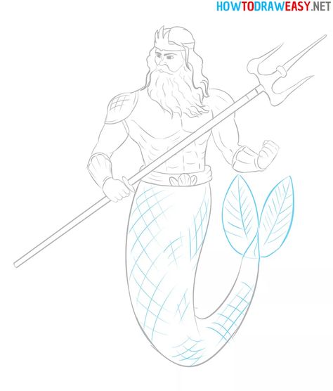 How to Draw Poseidon - How to Draw Easy Posiden Drawings, Merman Drawing, Poseidon Drawing, Drawing Heads, Drawing For Beginners, Sketch Inspiration, Step Drawing, Learn How To Draw, Sealife