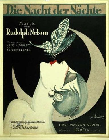 "The Night of Nights" - title page of the note issue of the Revue after a design by Arent. Colored print of 1925. Advertisement for a show in Berlin. Print advertising experienced changes during the Twenties. Instead of soft ilustrations, realistic and bold graphics and photographs were used now. Poster Grafico, Apple Collection, Music Canvas, Art Deco Illustration, Deco Poster, Vintage Apple, Art Deco Posters, Images Vintage, Vintage Sheet Music