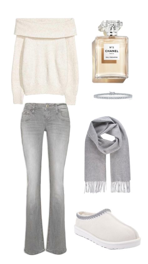 Uggs . Winter outfit . Cold . Stockholm . Style . Off shoulder . Clean . Grey flared jeans . Chanel no5 . Vanilla girl . Sweden Grey Flares Outfit, Uggs Winter Outfit, Grey Flared Jeans, Flare Jeans Outfit Winter, Flared Jeans Outfit, Winter Outfit Cold, Flare Jean Outfit, Flare Outfit, Grey Jeans Outfit