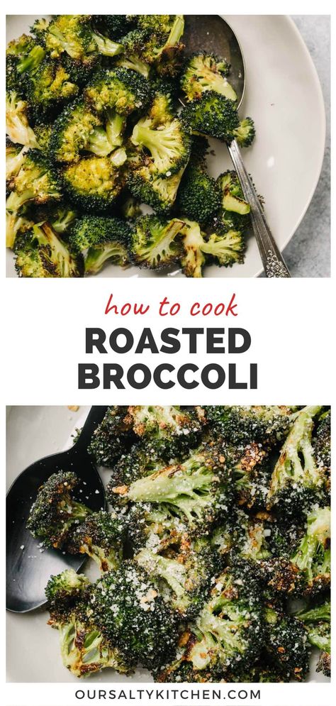 Roasted broccoli is one the simplest broccoli recipes to master when you're first learning how to cook. Oven roasted broccoli is simple, but bold, with endless options for variations and creativity! Try oven roasted broccoli with parmesan, dress it up with spices and seasonings, or use it as a base to create broccoli salads, broccoli pasta recipes, and so much more. Learn how to make the best oven roasted broccoli with our simple step by step tutorial. #broccoli #sidedishes #roastedbroccoli How To Cook Broccoli In The Oven, Different Ways To Cook Broccoli, Broccoli For A Crowd, Steamed Broccoli Recipes Seasoning, How To Roast Broccoli In Oven, How To Cook Fresh Broccoli, Roast Broccoli Oven, Baked Broccoli Oven, Roasting Broccoli In Oven