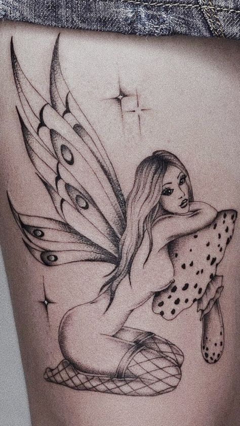 Mythical Creatures Tattoo For Women, Alien Fairy Tattoo, Fairy World Tattoo, Fairy Leg Sleeve Tattoo, Naked Fairy Tattoos For Women Simple, Fairy Lady Tattoo, Neck To Back Tattoos Women, Aries Fairy Tattoo, Fairy Face Tattoo