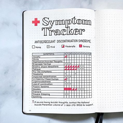 A Hayden on Instagram: “I’m almost back to feeling 100% better after weaning off my SSRI meds. I created this spread after experiencing many of the side effects.…” Symptom Journal, Bullet Journal Health, Symptom Tracker, Bullet Journal Ideas Templates, Creating A Bullet Journal, Bullet Journal Mood Tracker Ideas, Bulletin Journal Ideas, Bullet Journal Mood, Bullet Journal Design Ideas