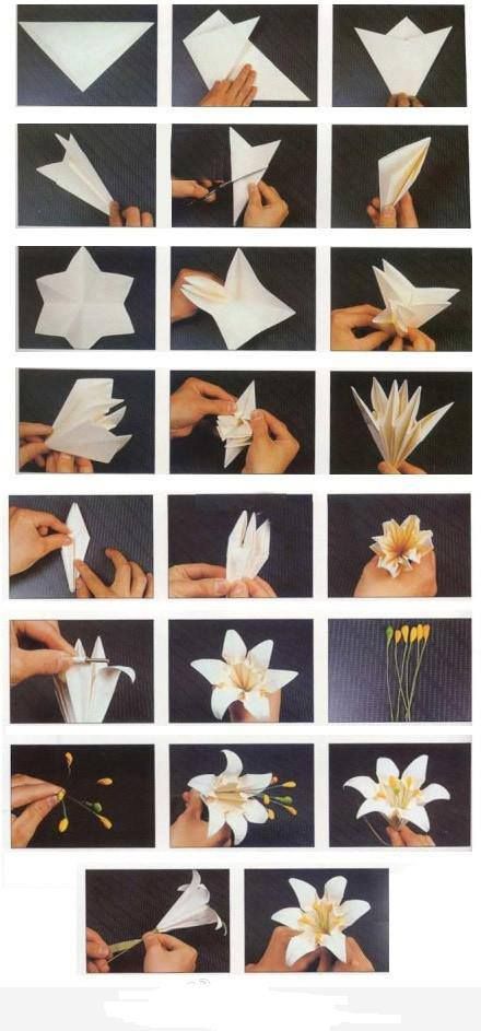 How to fold origami paper craft blooming lily flowers step by step DIY tutorial instructions, How to, how to make, step by step, picture tutorials, diy instructions, craft, do it yourself Diy Fleur, Make Paper Flowers, Tutorial Origami, Folding Origami, Instruções Origami, How To Make Paper Flowers, Kraf Diy, Make Paper, Diy Origami