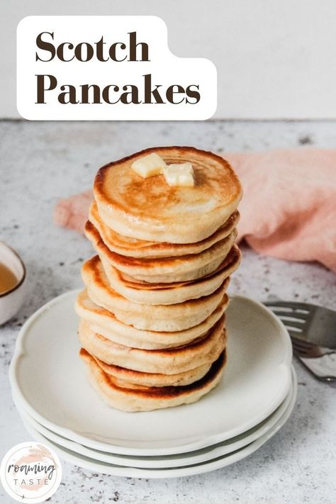 A stack of fluffy Scotch Pancakes that are small in diameter, but thick thanks to the baking powder in the batter. The stack stands tall on a serving plate with a couple of cubes of butter atop before having a drizzle of warm honey poured over Scotch Pancakes, Drop Scones, Griddle Cakes, Scottish Recipes, Pancake Recipe, Start The Day, Come Together, Scones, Scotch