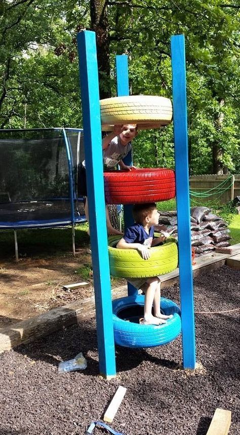 Backyard Tire Tower Diy Tire Projects, Tire Projects, Tire Playground, Diy Tire, Diy Kids Playground, Kids Backyard Playground, Play Area Backyard, Backyard Kids Play Area, Diy Playground