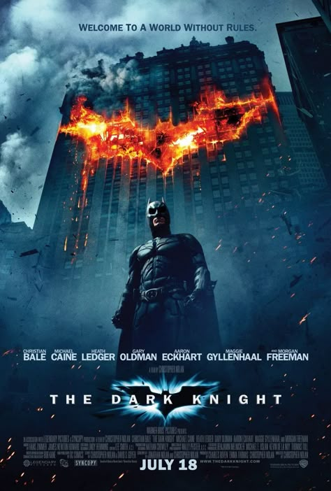 A movie poster promoting Christopher Nolan's The Dark Knight. A lot to be analyzed here in terms of contrast, proximity, color theory, etc. The Dark Knight Poster, The Dark Knight 2008, Batman Movie Posters, Batman Bruce Wayne, Aaron Eckhart, Nolan Film, Posters Decor, Robbie Coltrane, Superhero Movie