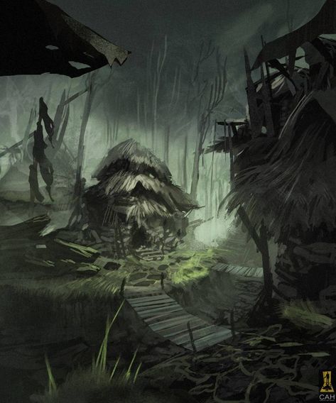 Swamp Hut Concept Art, Swamp Town Concept Art, Swamp Concept Art, Halfling Village, Swamp Town, Concept Art House, Forest Concept Art, Village Hut, Forest Concept