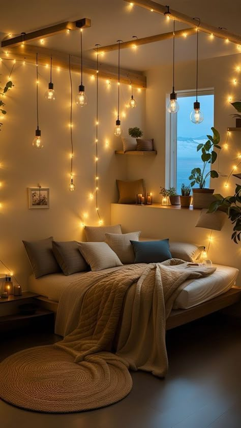 Calming Aesthetic Bedroom, Small One Bedroom Apartment Ideas Cozy, Bedroom Ideas Cute And Cozy, Calm Lighting Bedroom, Small Beach House Bedroom Ideas, Beach Aesthetic House Decor, Bed Nook Aesthetic, Spa Feel Bedroom Ideas, Cozy Astetic Bedrooms